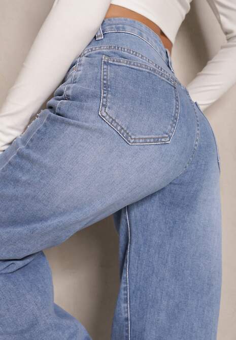Jasnoniebieskie Jeansy High Waist o Szerokim Kroju z Dziurami i Przetarciami Nalarieth