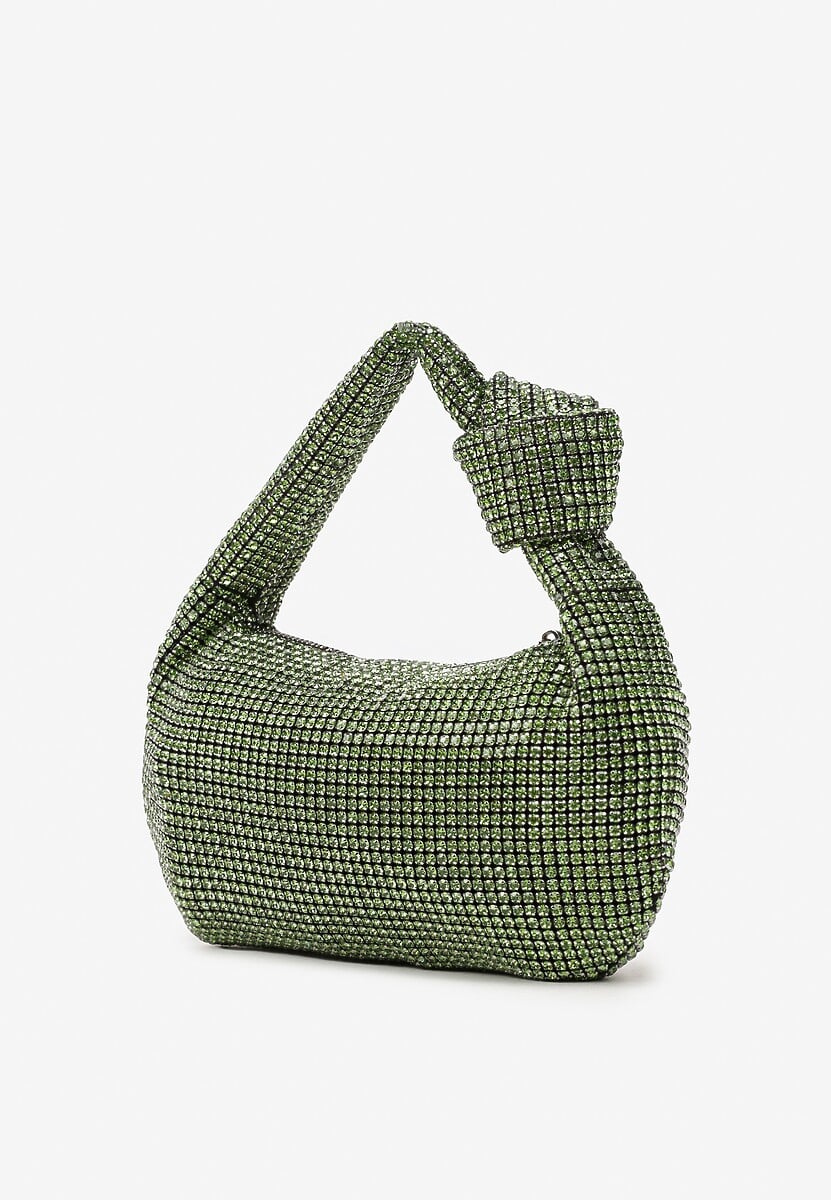 Zielona Torebka Baguette Ozdobiona Cyrkoniami i Supełkiem na Rączce Lisename