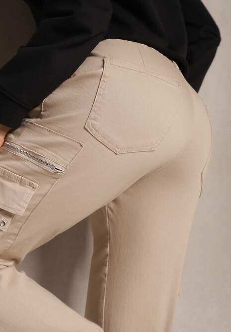 Beżowe Bawełniane Spodnie Bojówki z Gumką w Talii i Kieszeniami Zolarae