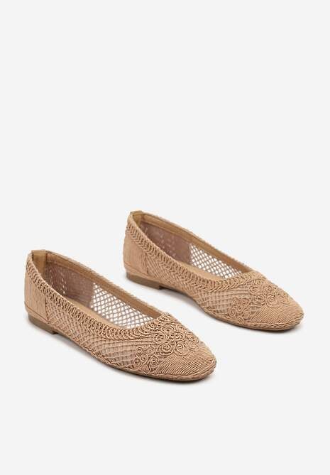 Ciemnobeżowe Balerinki Ozdobione Siateczką Landeora