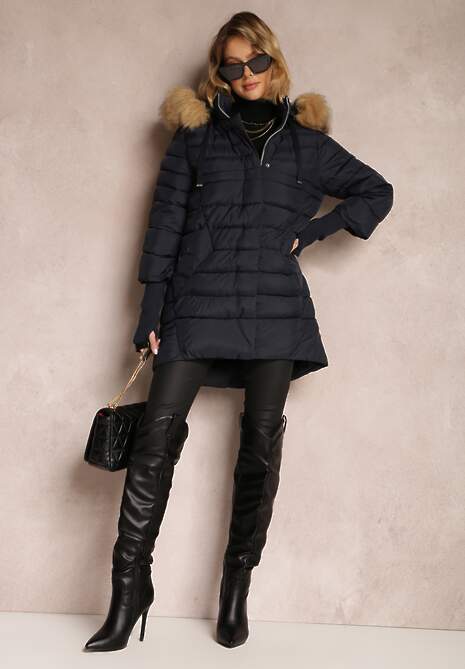 Granatowa Kurtka Pikowana z Szerokim Ściągaczem przy Rękawach Yasu