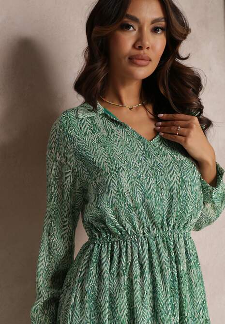 Ciemnozielona Rozkloszowana Sukienka z Metaliczną Nitką i Sznurkiem Vivlit