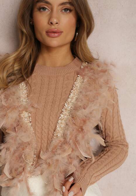 Beżowy Sweter z Piórami Deti