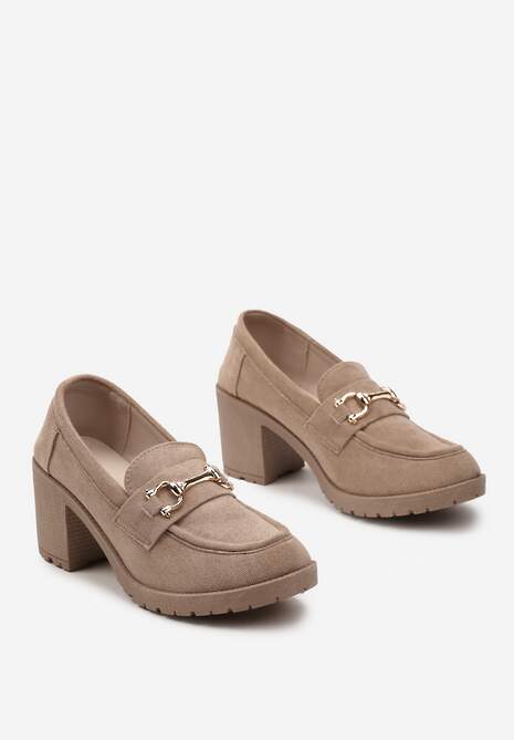 Ciemnobeżowe Półbuty Mokasyny na Słupku z Platformą Ozdobione Klamrą Acridna