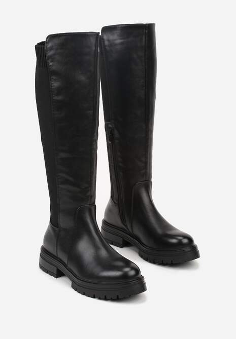 Czarne Kozaki przed Kolano z Elastyczną Wstawką w Cholewce Atisa