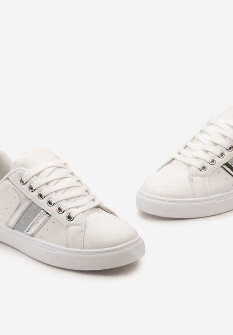 Biało-Srebrne Casualowe Sneakersy z Brokatem i Metalicznym Zdobieniem Tidalis