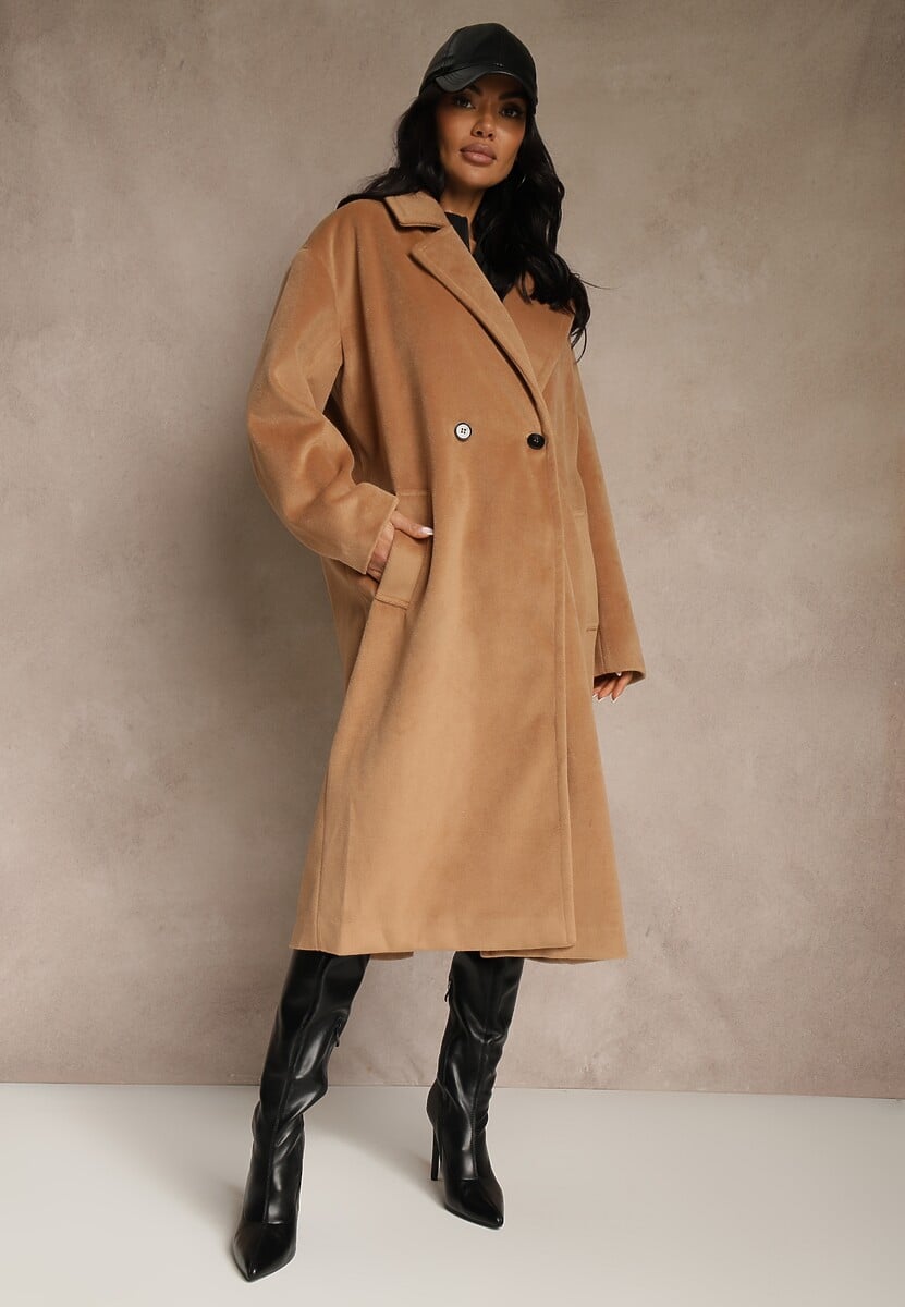 Brązowy Klasyczny Płaszcz o Dwurzędowym Kroju z Kieszeniami Malwilina