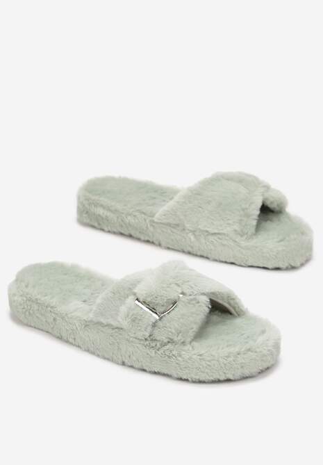 Zielone Kapcie Futrzane ze Sprzączką Nasch