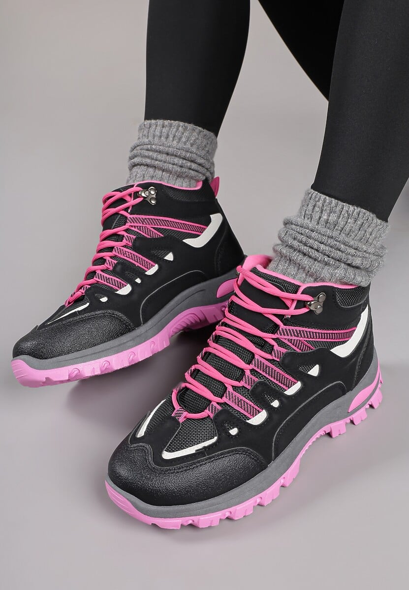 Czarno-Fuksjowe Buty Trekkingowe Traperki Vices ze Sznurowaną Cholewką Afellie