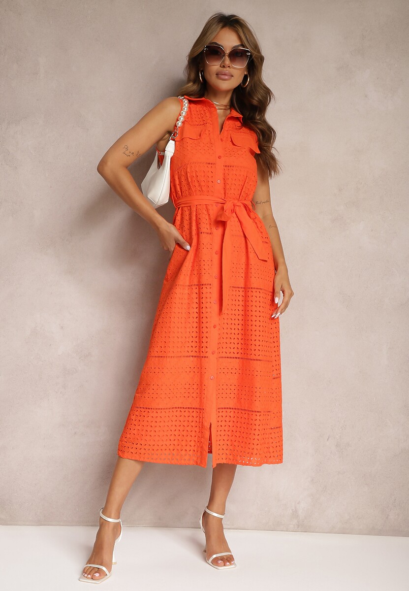 Pomarańczowa Ażurowa Sukienka z Bawełny o Koszulowym Kroju z Materiałowym Paskiem Vikiisara