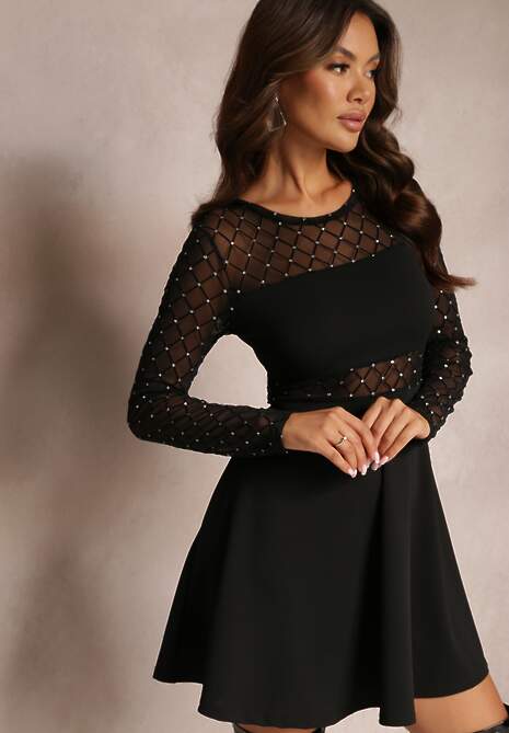 Czarna Rozkloszowana Sukienka Mini ze Wstawkami z Siateczki i Brokatu Liukas
