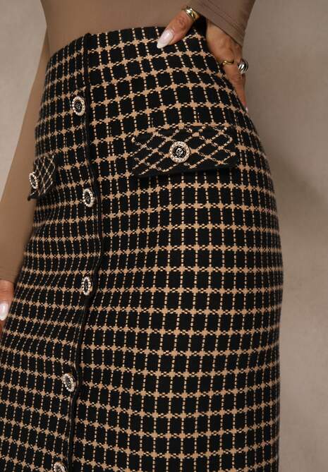 Czarno-Beżowa Tweedowa Spódnica Ołówkowa w Kratę z Guzikami Aretusa