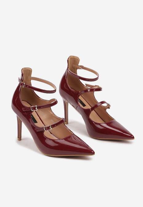 Bordowe Szpilki Lakierowane Ozdobione Paskami ze Sprzączkami Armiela