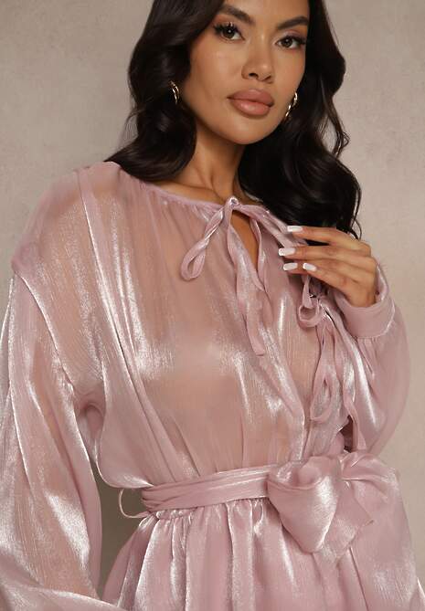 Różowa Rozkloszowana Sukienka z Paskiem i Wiązaniem Savare