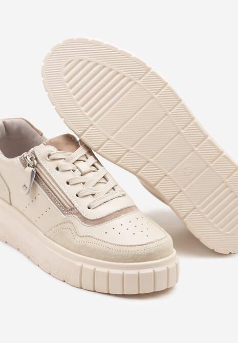 Beżowe Streetwearowe Sneakersy ze Skóry Naturalnej z Ozdobnym Suwakiem Eleavenna