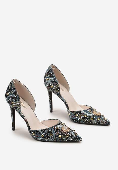 Zielone Szpilki z Noskiem w Szpic z Oryginalnym Wzorem z Cyrkoniami i Nitami Alfiratte