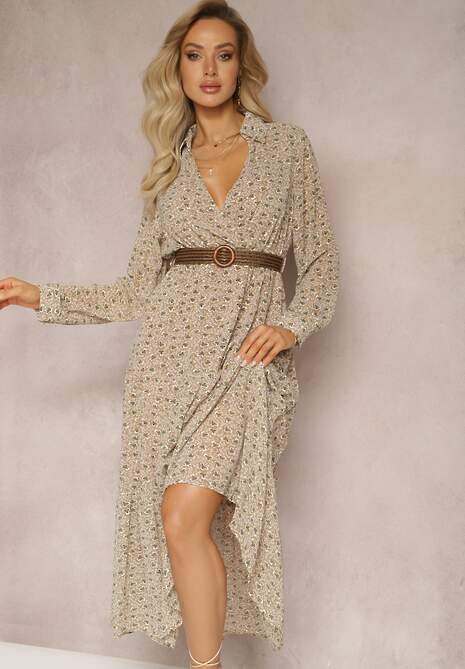 Beżowa Sukienka Rozkloszowana w Kwiaty z Paskiem Rakhila