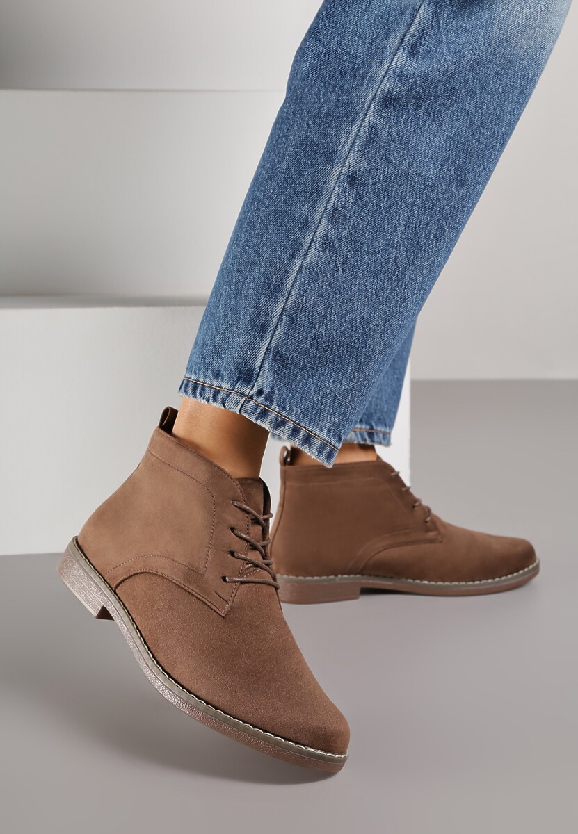 Ciemnobeżowe Botki z Sznurowaniem Wasicia