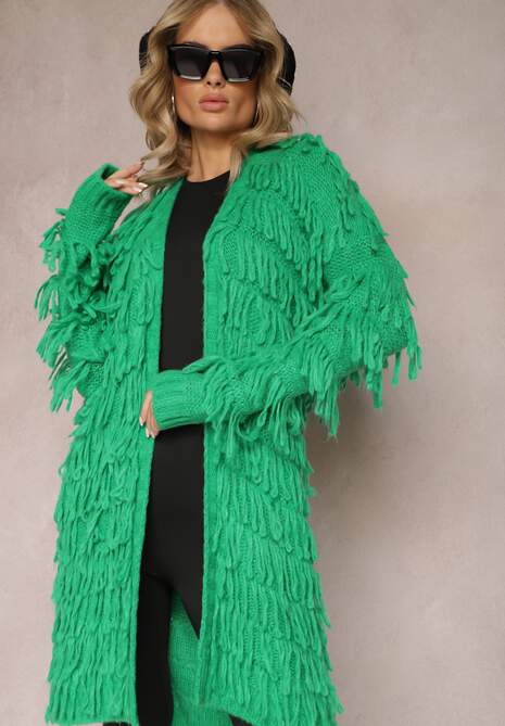 Zielony Niezapinany Kardigan w Ozdobne Frędzle Massawa