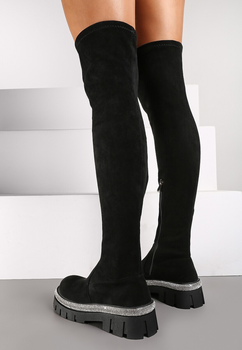 Czarne Kozaki Muszkieterki na Platformie Ozdobione Cyrkoniami Vomekia