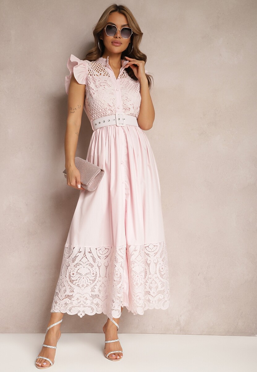 Różowa Koszulowa Sukienka z Ażurowym Zdobieniem i Paskiem z Prostokątną Klamrą Trika