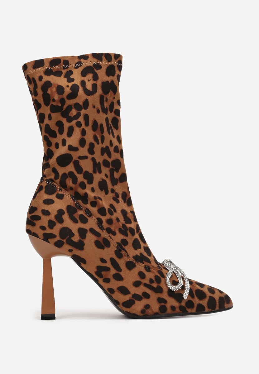 Brązowe Botki Skarpetkowe Ozdobione Kokardką z Cyrkoniami na Geometrycznej Szpilce Aife