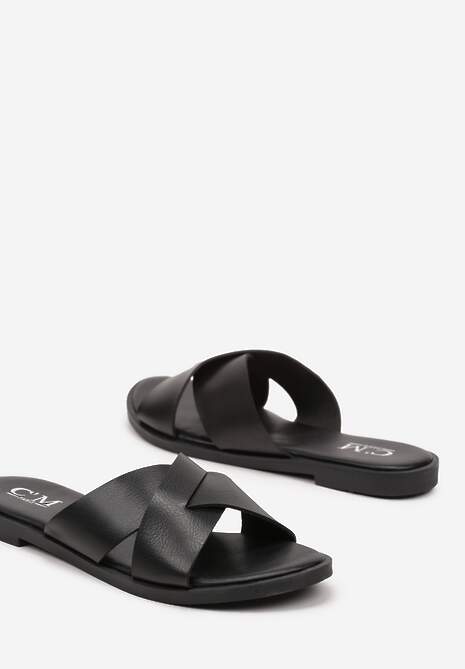 Czarne Klapki na Płaskiej Podeszwie z Szerokimi Paskami Fonnara