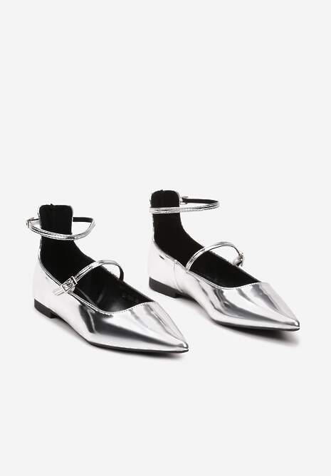 Srebrne Lakierowane Balerinki z Dwoma Paseczkami i Noskiem w Szpic Starsha