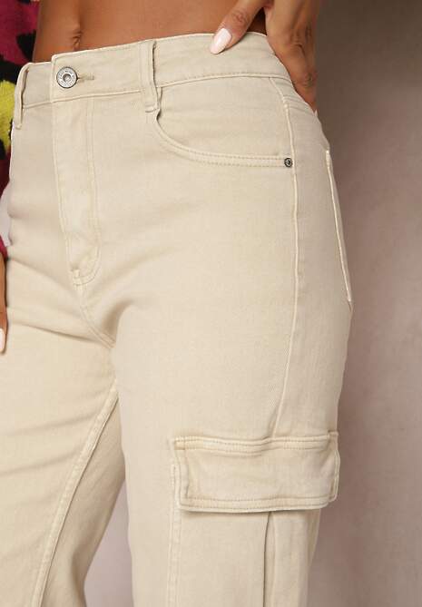 Jasnobeżowe Jeansy Cargo High Waist z Kieszeniami Anora