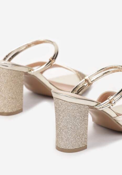 Złote Sandały na Słupku Zdobione Brokatem Clymiore