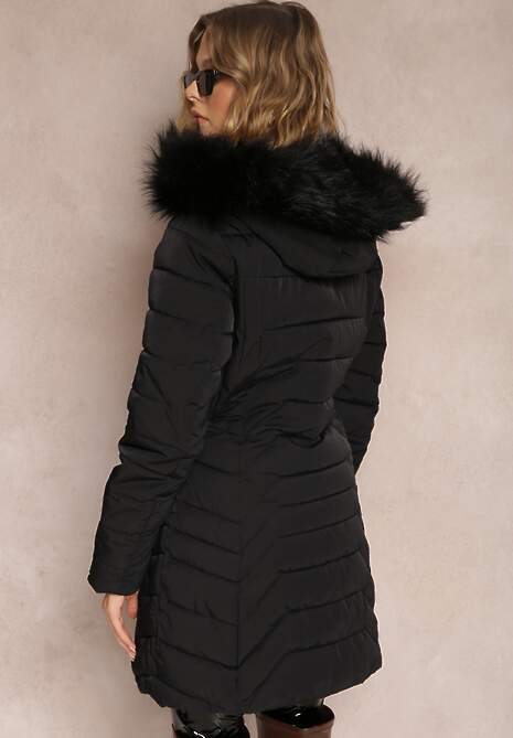 Czarna Kurtka Do Kolan z Kapturem i Pikowaniem Blabe