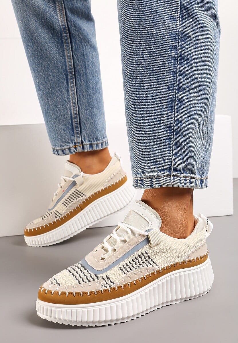 Beżowe Casualowe Sneakersy z Wiązaniem na Wzorzystej Grubej Podeszwie Aniata