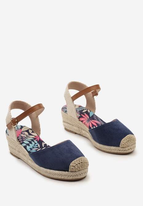 Granatowe Sandały Espadryle z Plecionką na Niewysokim Koturnie Debranella