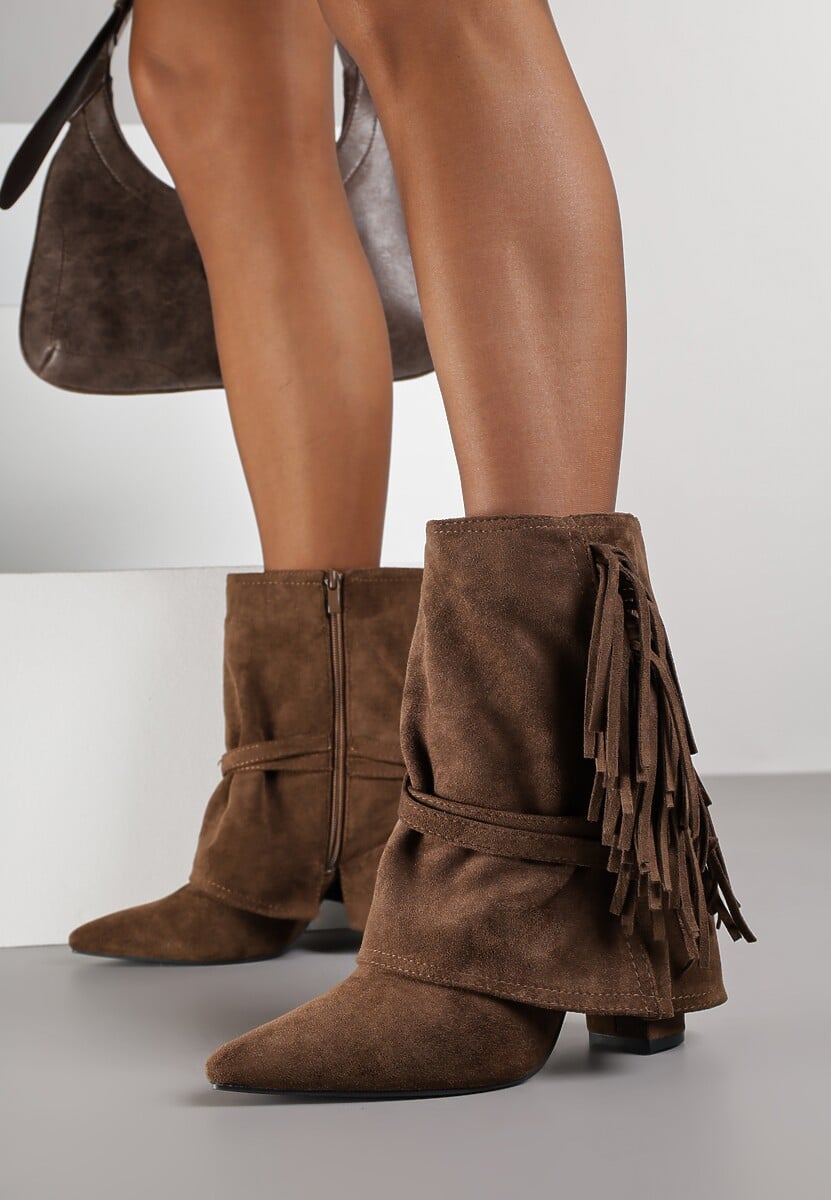 Brązowe Botki Boho z Cholewką Imitującą Nogawkę i Frędzlami Zaslie