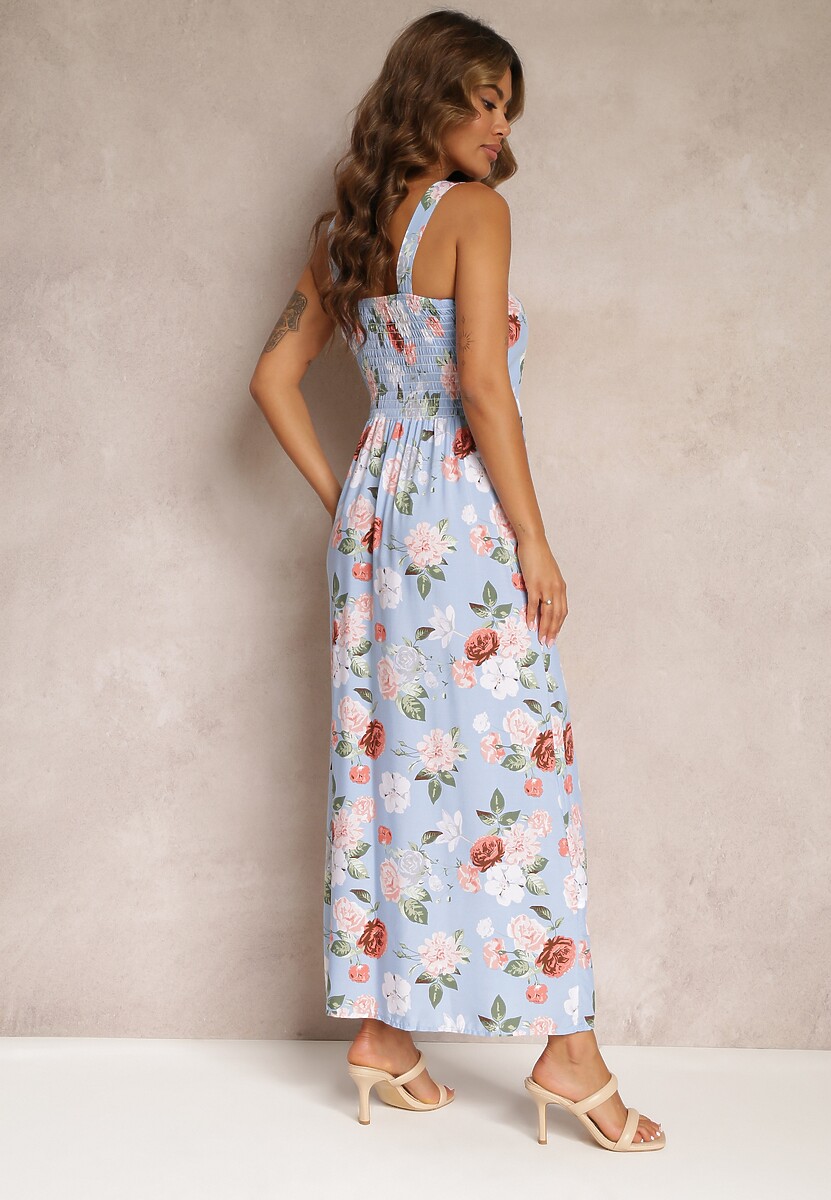 Niebieska Sukienka Maxi w Kwiaty z Rozkloszowanym Dołem na Ramiączkach Aletaina