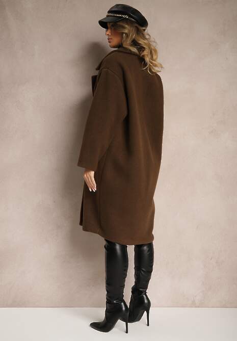 Brązowy Dwurzędowy Płaszcz Oversize z Wełną Spolete