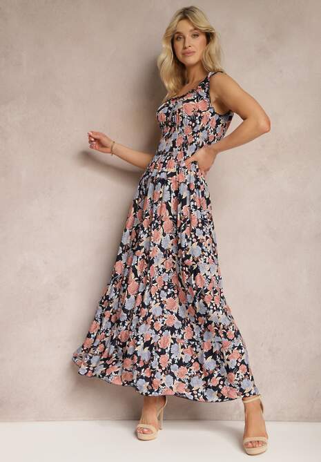 Granatowo-Różowa Kwiecista Sukienka Rozkloszowana z Bawełny na Ramiączkach Kalassia