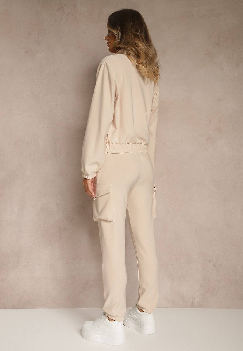 Beżowy Komplet Dresowy Cargo Bluza ze Stójką i Spodnie Jogger Litene