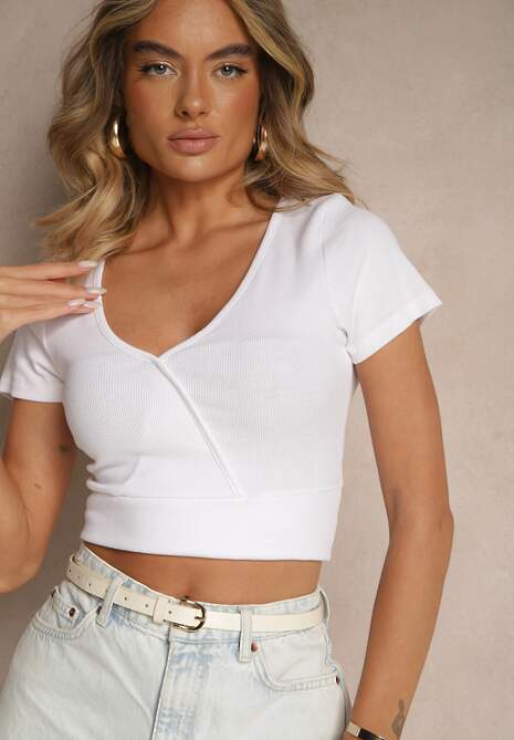 Biały Bawełniany T-shirt z Prążkowanej Tkaniny z Dekoltem w Szpic Filaretta