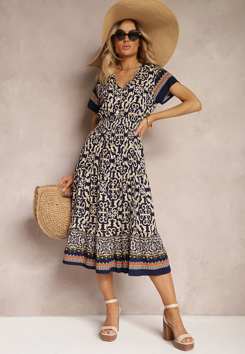 Granatowa  Sukienka z Bawełny z Trójkątnym Dekoltem i Gumką w Talii Zapinana na Guziki Lavlea