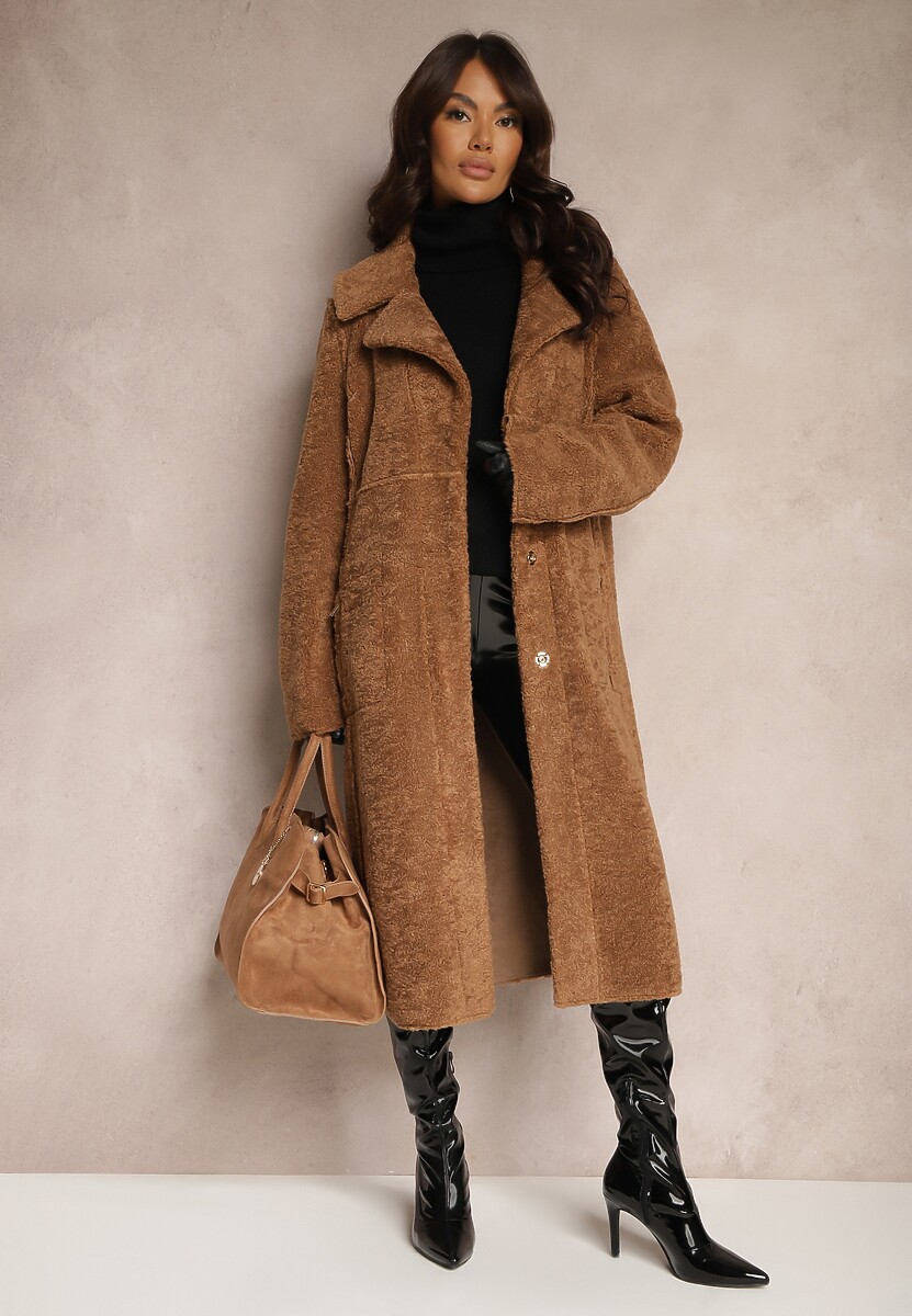 Brązowy Dwustronny Płaszcz z Kożuszkiem Ducta