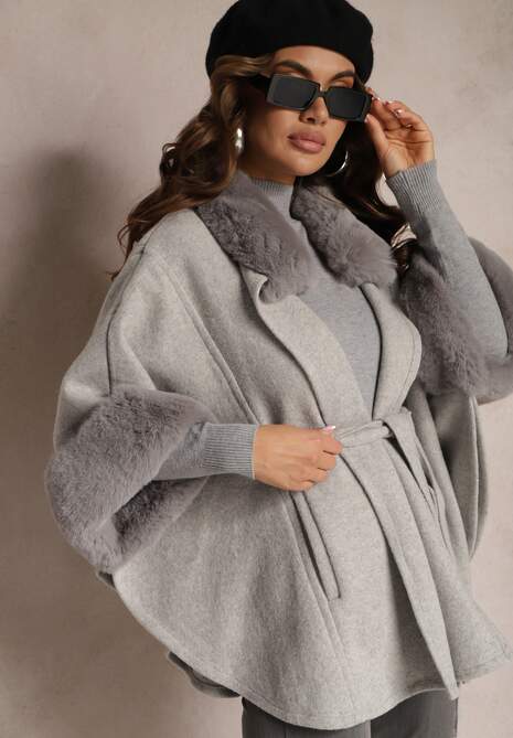 Szary Płaszcz Ponczo z Wiskozy z Paskiem i Futerkiem Roymessa