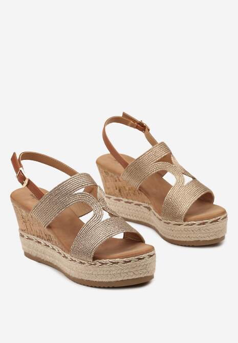 Szampańskie Sandały z Ozdobnym Paskiem na Koturnie Korkowym z Plecionką Dalarrna