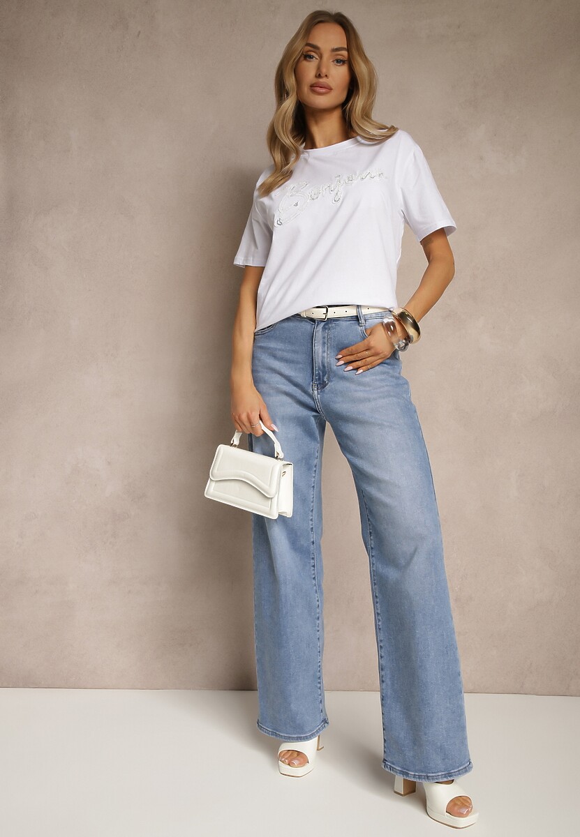 Biały Bawełniany T-shirt Zdobiony Haftowanym Napisem z Cekinami Ulionis