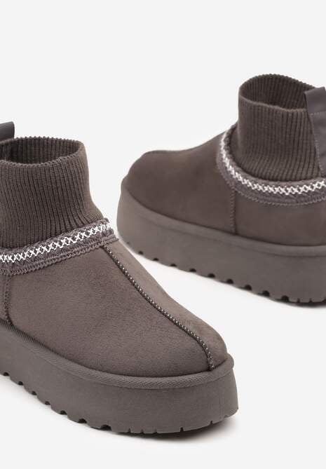 Szare Śniegowce na Platformie ze Skarpetową Cholewką Erevelis