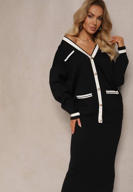 Czarny Wiskozowy Komplet Kardigan na Guziki z Lamówką i Dopasowana Spódnica Tamorin