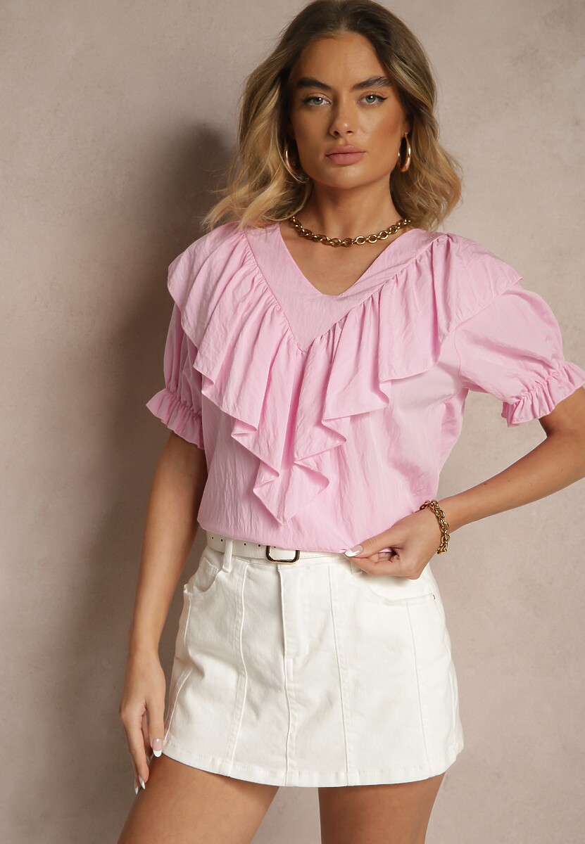 Różowa Bluzka z Wiskozą Ozdobiona Falbankami Fadelena