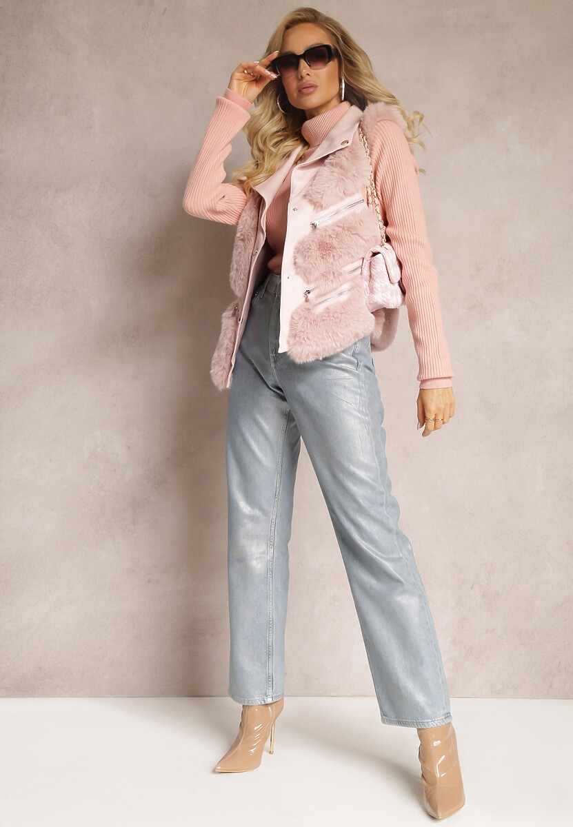 Różowa Kamizelka z Futerka Ozdobiona Wstawkami z Imitacji Skóry Cresstte