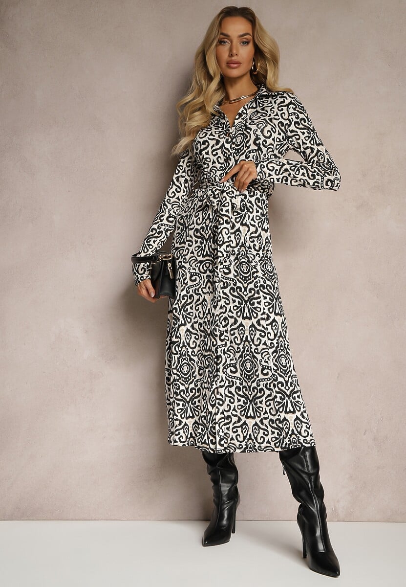 Czarno-Biała Koszulowa Sukienka Midi z Rozkloszowaniem i Paskiem Lanibe