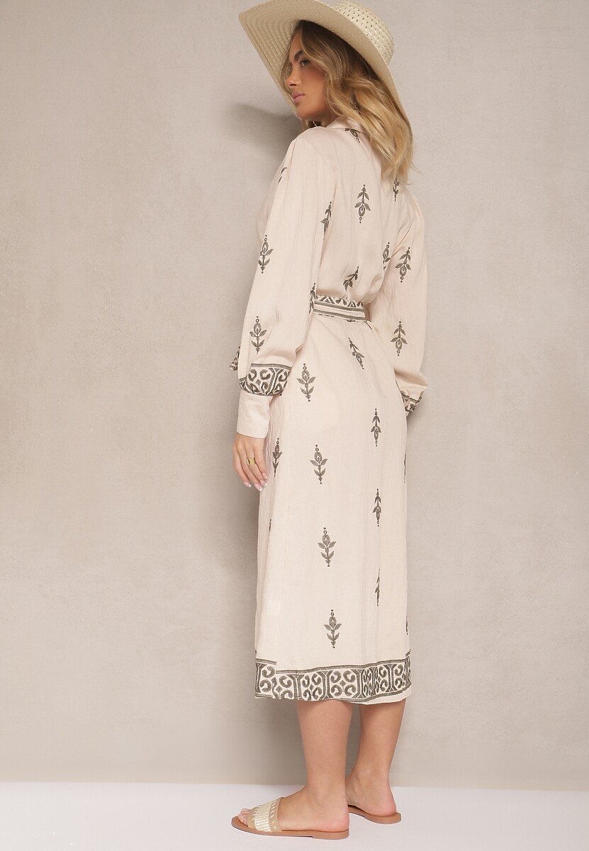 Beżowa Koszulowa Sukienka w Stylu Szmizjerki z Wiskozy Wiązana w Talii Telaniwena